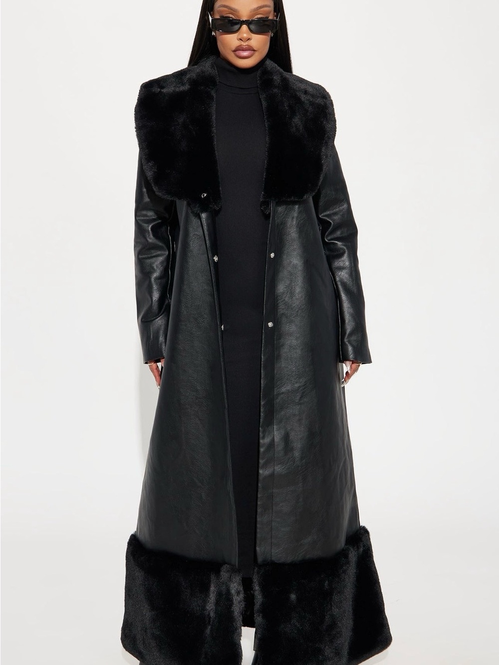 Long Black Faux-Leather Coat with Faux-Fur Trim
